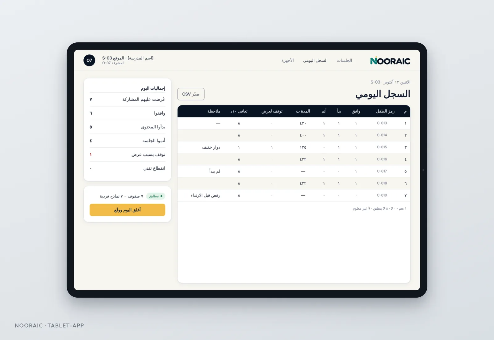واجهة مَسين على جهاز لوحي: السجل اليومي للجلسات